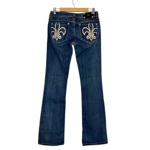 Miss Me Fleur-De-Lis Bootcut Denim Jeans Womans Sz 28 (33X34) Low Rise Blue